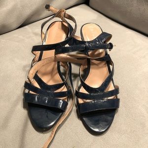 JCrew navy patent strapped wedge heels, Sz 8.5